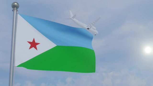 Animation Seamless Looping National Flag with Airplane  -Djibouti