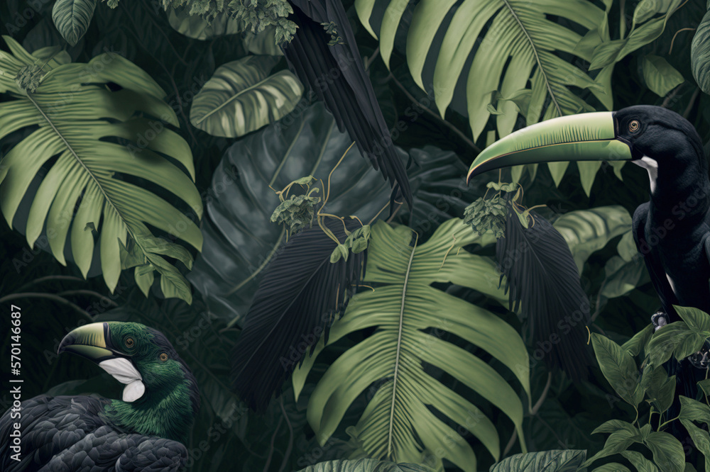 Wall mural Various tropical leaves and birds exotic wallpaper design . Sublime Generative AI image .