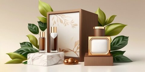 Elegant brown fine wood box, block, square podium, and green leaves against a background of white marble. idea scene stage exhibition, cosmetics, perfume, sales promotion, and wooden objects