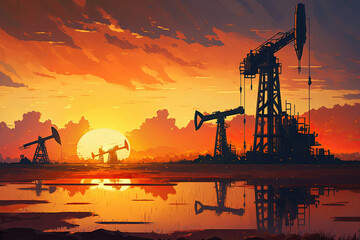 oil production pumps at the oil field at sunset. Generative AI