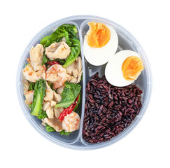 Rice berry ,boiled egg ,stir fried kale with chicken and shrimp in lunch box