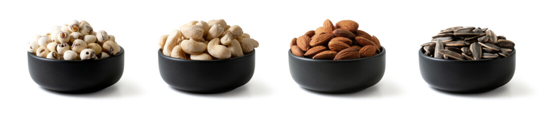 Collection of various cereals in a black cup isolated on white background with clipping path.