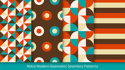 Set of 4 seamless patterns with abstract geometric shapes and retro colors. For textile, wallpaper, packaging, wrapping paper, etc.