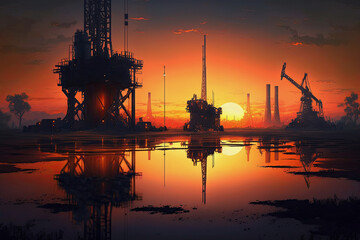 Obraz premium oil production platforms with rigs and refineries at sunset. Generative AI