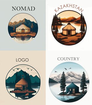 Variants of logos with yurts on the lake.