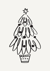 Cheerful Christmas Tree Doodle Drawing. Simple Linear Vector Illustration on Off-White Background. Perfect for Holiday Cards.