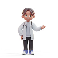 3d character of a doctor or dentist in the medical world with a stethoscope in a explaining pose isolated