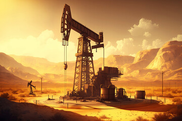 oil production pumps at the oil field at sunset. Generative AI