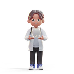 3d character of a doctor or dentist in the medical world with a stethoscope in a standing pose carrying healthy tooth isolated