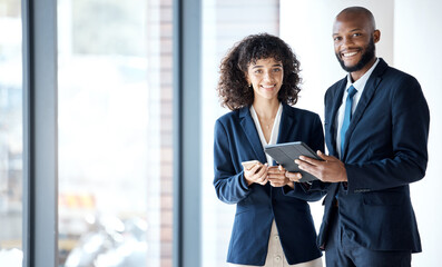Business people, tablet and portrait smile for digital marketing, corporate data or networking at the office. Happy employee man and woman smiling with touchscreen for company idea or market strategy