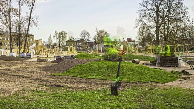 Multiple Exposure Timelapse Of Professional Garden Landscaping Workers Installing Natural Grass Turfs At Backyard Of Houses, Wide Angle
