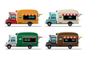 Set of Food truck street food and fastfood delivery transport