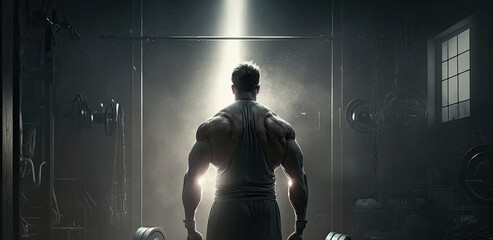 Fototapeta na wymiar back of a muscular male athlete in the gym. Panoramic wide illustration. Generative AI