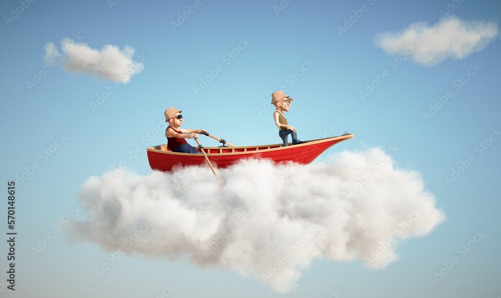 Wall mural mans on a boat navigating on a sea of clouds. surreal dream abstract concept.