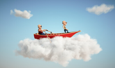 Mans on a boat navigating on a sea of clouds. Surreal dream abstract concept.