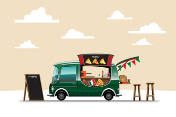 Fototapeta na wymiar The food truck side view with pizza on nature background