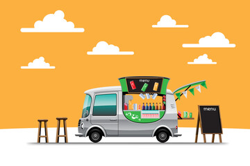 The food truck side view with beverage banner vector