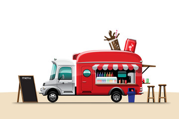 The food truck side view with beverage banner vector