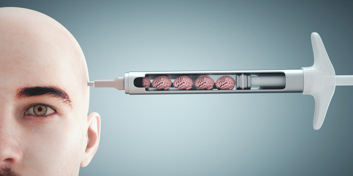 Syringe with a brain inside. Symbolizes injection of intelligence.