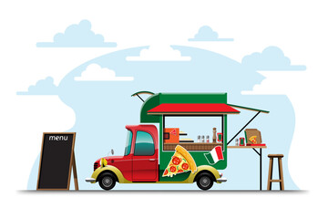 Food truck with Pizza shop drawing vector