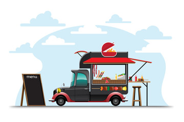 Food truck with Barbecue shop drawing vector