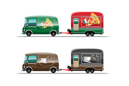 Trailer Food Truck Drawing Design Style Flat Vector