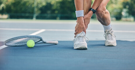 Tennis player or woman with ankle pain on sports ground for healthcare risk, muscle accident or...