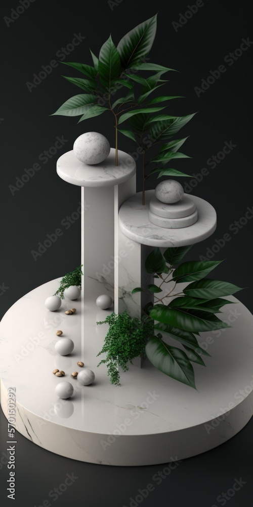 Poster platform for displaying products made of white stone with greenery. generative ai