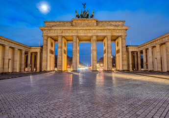 The famous Brandenburg Gate in Berlin at dawn with no people