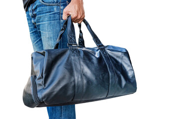 Man wearing jeans holding black leather bag isolated on white background with clipping path