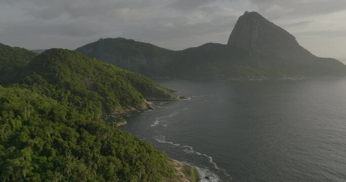 Aerial Shot Of Famous Sugarloaf Mountain By Guanabara Bay, Drone Flying Backwards Over Plants - Rio de Janeiro, Brazil
