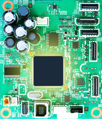 Mockup black central processing unit on printed circuit board with gold light effect