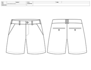 Customizable Shorts Vector Illustration, Pants Template, Flats Sketch, Clip Art Technical Fashion Flats Sketch High Quality Vector Outline, Dress Pants Adobe Illustrator, Short Chino Technical Drawing