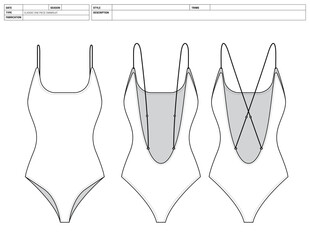 Customizable Fashion Swimsuit Vector Illustration, Bathing Suit OutLine Template, One Piece Swimwear Factory Ready Tech Pack Flats Sketch, Technical Fashion Flat Sketch High Quality Vector Outline Art