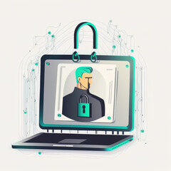 Ilustration network for cyber security. Internet technology networking and the padlock icon. A businessman guards his laptop's personal data. Internet network security, data privacy, IA generate