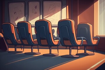 Obraz premium Chair seats in an empty conference room. Close up shot of chair seats in empty conference room. Empty luxury armchairs in the business meeting room in office. Business People Meeting. Generative AI