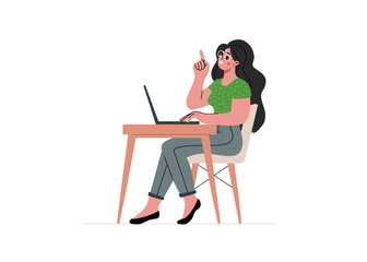 Young woman sits at desk with laptop and find solution.Flat vector illustration