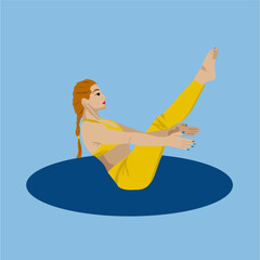 The girl performs the exercise in the boat pose.
