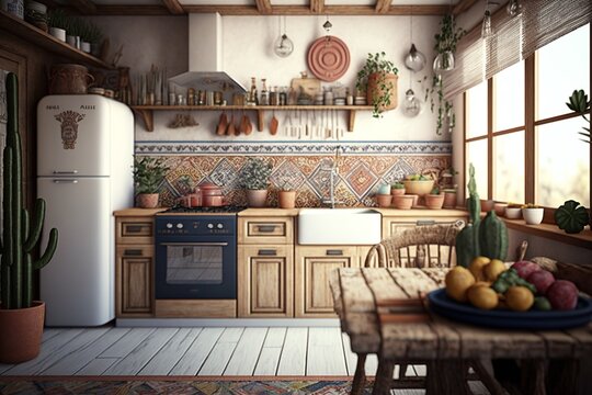 Colorful boho interior style kitchen with fruits on the dining table, cabinet and fridge