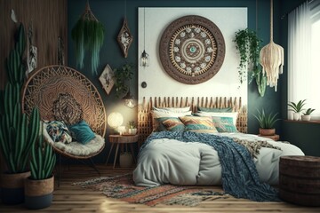 Boho interior style bedroom with double bed, blanket and many different decorations