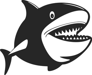 Black and white Simple logo with a sweet cheerful shark.