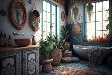 Boho interior style bathroom with washbasin, bathtub and plants
