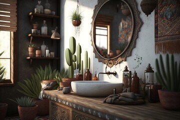 Boho interior style bathroom with wahsbasin, oval mirror towel, cactus and other plants