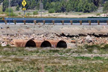 View of the corrugated steel pipes on the dry Stanfield cutoff at the Big Bear Lake in California...