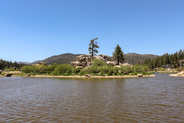 View of the boulder island at the Boulder Bay Park in Big Bear, California.