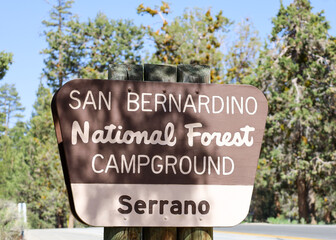 The San Bernardino National Forest Serrano Campground Sign in Big Bear Lake, California.