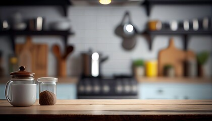 Product Display Podium with Blurred Kitchen. Generative AI.