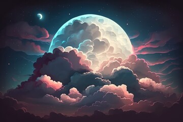 Fantasy Cloudy sky with a full moon. Moon in clouds, dark. Digital art illustration of the stars and moon. Generative AI - obrazy, fototapety, plakaty