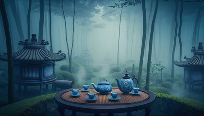 Fototapeta na wymiar Tea ceremony in a mysterious bamboo forest full of mist. Post-processed generative AI
