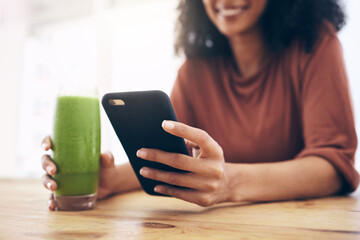 Green smoothie, smartphone and woman detox, healthy breakfast or diet inspiration on internet, blog...